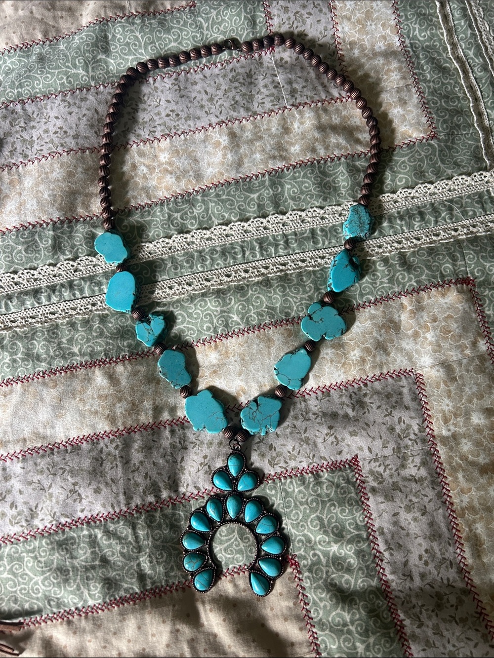 Faux Turquoise Statement Squash Blossom Necklace